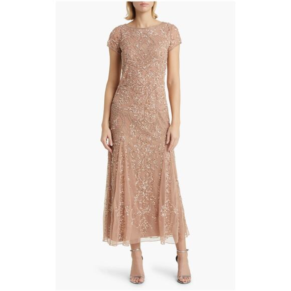 PISARRO NIGHTS New Beige Nude Beaded Mesh Midi Cocktail Dress Holiday NWT Sz 4 - Picture 1 of 11